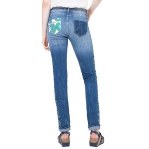 Desigual Odense Denim Medium Wash Blue Aztec Embroidered Jeans Size 34